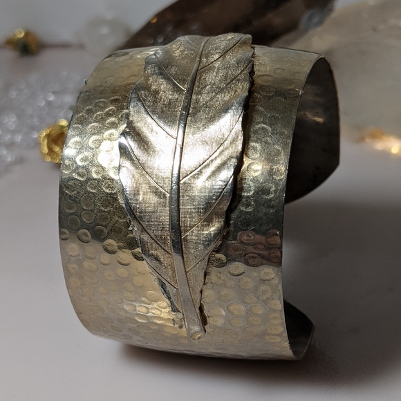 Wide Cuff, Hammered Brass Feather Bracelet - Picture 2 of 5